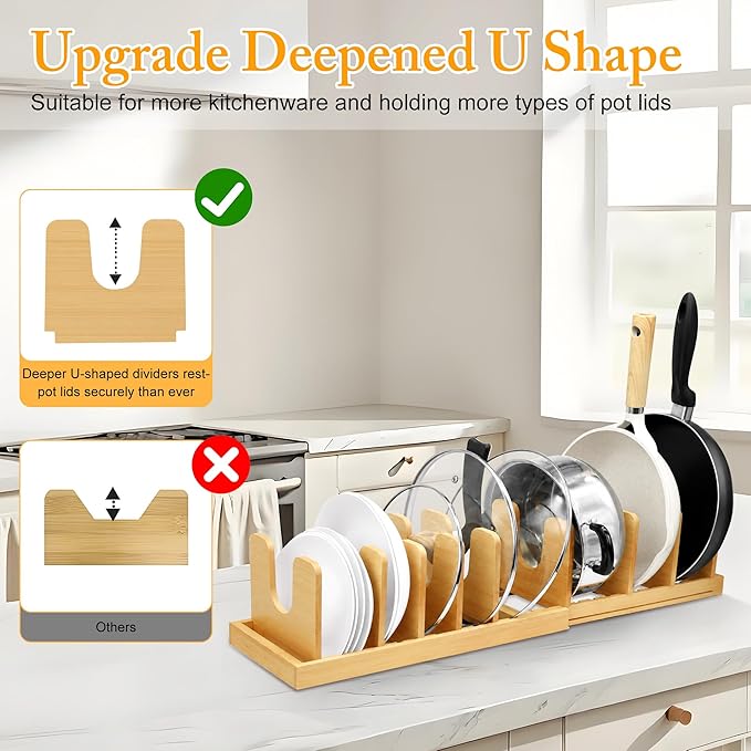 MinBoo Bamboo Expandable Pot Lid Organizer, Pot and Pan Organizer Drawer Organizer for Pot Lids, Adjustable 10 U-Shaped Dividers for Kitchen Cabinet Organizers and Storage (Bamboo-1)