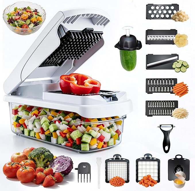 12-in-1 Mandoline Slicer & Vegetable Chopper Pro with Container, Onion Chopper, Potato Cutter, Food Dicer & Grater - Carrot, Garlic, Home Essentials & Gifts (white)