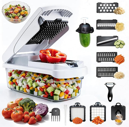 12-in-1 Mandoline Slicer & Vegetable Chopper Pro with Container, Onion Chopper, Potato Cutter, Food Dicer & Grater - Carrot, Garlic, Home Essentials & Gifts (white)