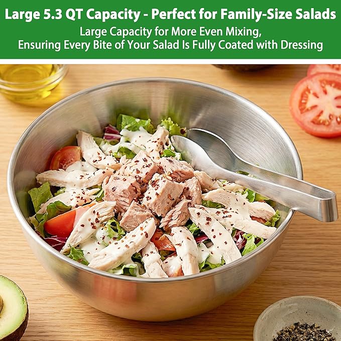 Salad Spinner Stainless Steel, 5.3 Qt Large Vegetables & Fruits Wash Bowl, Lettuce Washer Spinne with 5 Blade Slicer Egg Yolk Strainer, Lettuce Spinner with Stop Button Drain Spout for 2-3 Servings