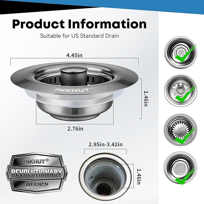 Upgraded 3 in 1 Kitchen Sink Drain Strainer - Stainless Steel Sink Stopper, Anti-Clogging Food Catcher Basket, Sink Bounce Core Drain Strainer Plug for US Standard 3 1/2 inch Drain (Dark Grey)