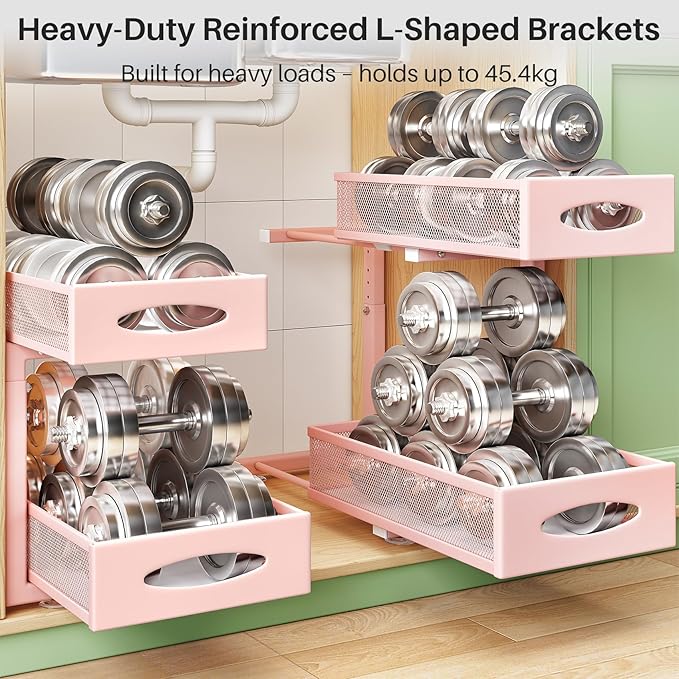 Under Sink Organizer, 2 Tier Pull out Cabinet Organizer Baskets with Mesh Sliding Drawers, Slide out Storage Shelf for Home, Kitchen, Bathroom, Pantry, Office Cabinet(1 Pack, Pink)