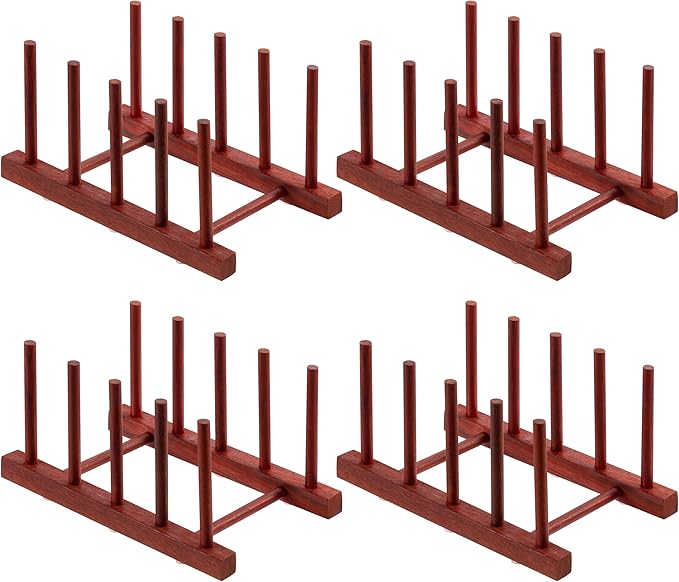 HBlife 4pcs Rosewood Wooden Dish Drying Rack - Home and Kitchen Organizer for Cups, Bowls, Pots, Lids, Cutting Boards & Plates Space-Saving for Cabinets Counters (4 Slots)