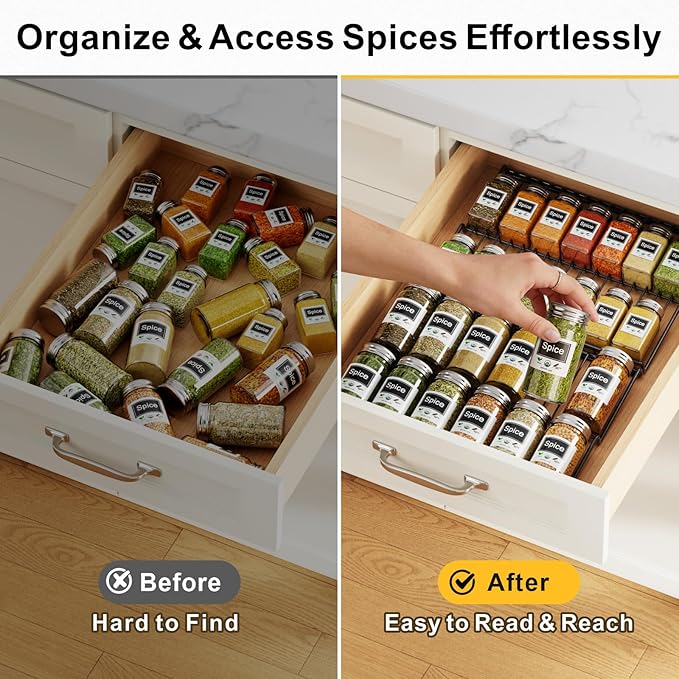 iSPECLE 2 Pack Drawer Spice Organizer, 2-Tier Low Profile Spice Rack Insert for Kitchen Drawers, Fits 15"–30" Wide Drawers, Keeps Labels Visible, No Slip No Rattle, Oil-Resistant Carbon Steel, Black