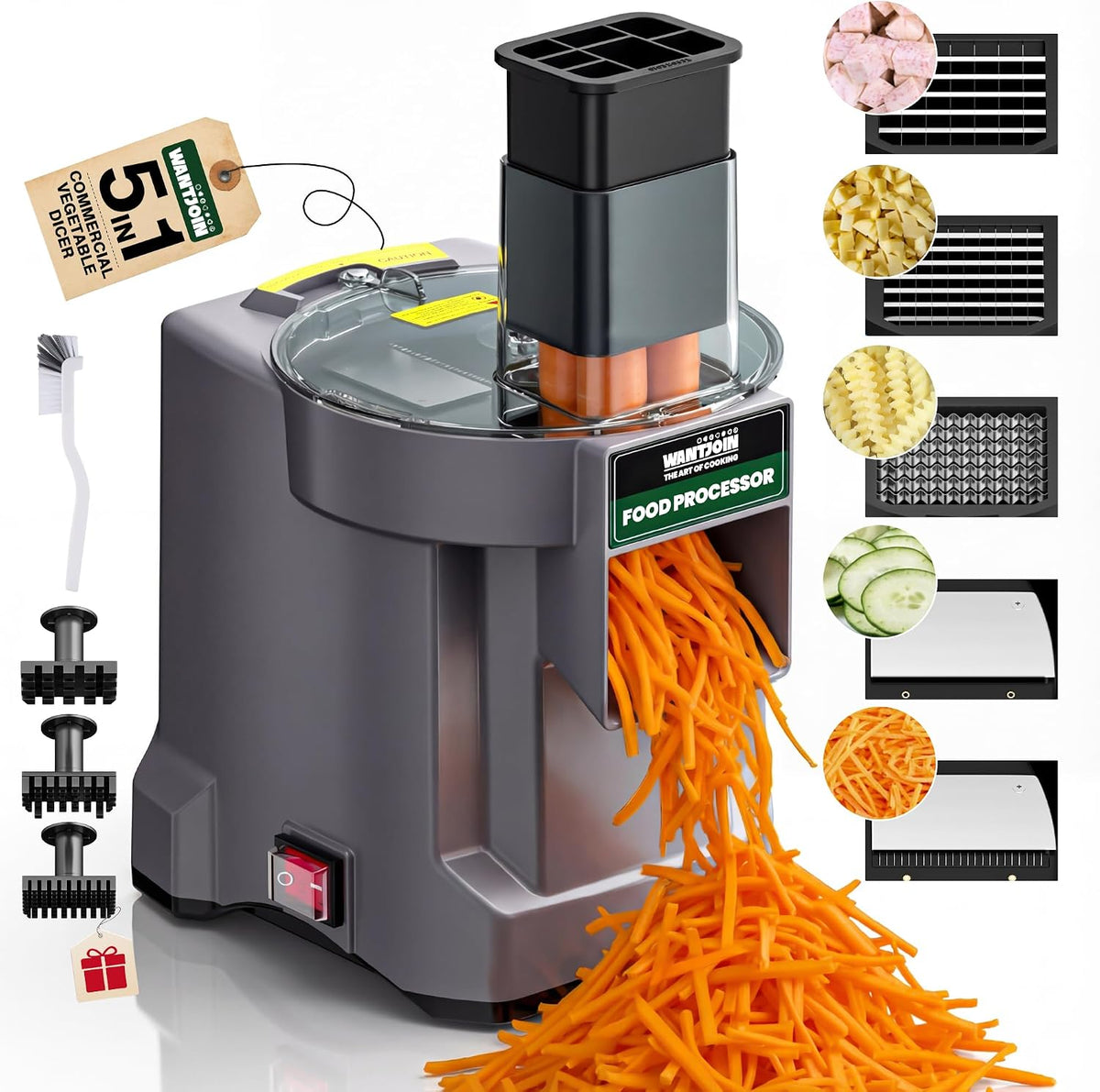 5 in 1 Electric Vegetable Chopper - Multifunctional Commercial Vegetable Dicer Food Fruit Processor Stainless Steel Blades for Slicing(2.5mm), Dicing(8/12mm), Chopping(2.5mm),Shredding