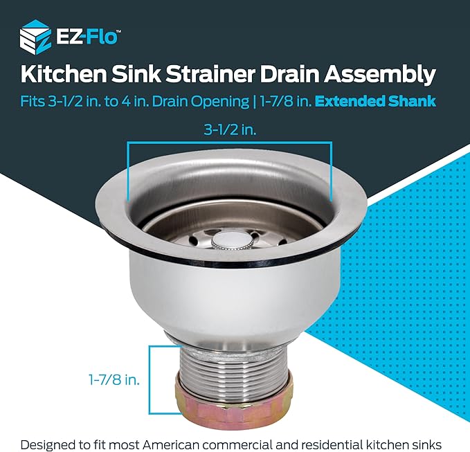 EZ-FLO Double Cup Kitchen Sink Drain Assembly, Sink Strainer fits 3-1/2 inch to 4 inch Opening, 1-7/8 inch Extended Shank, Stainless Steel, 30019
