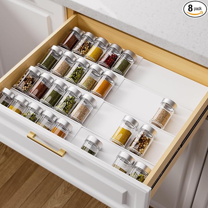 MIUKAA White Spice Drawer Organizer, 4 Tier - 8 Pack Seasoning Organizer for Drawer, Expandable From 13" to 26" Kitchen Drawer Spice Rack (Jars not Included)