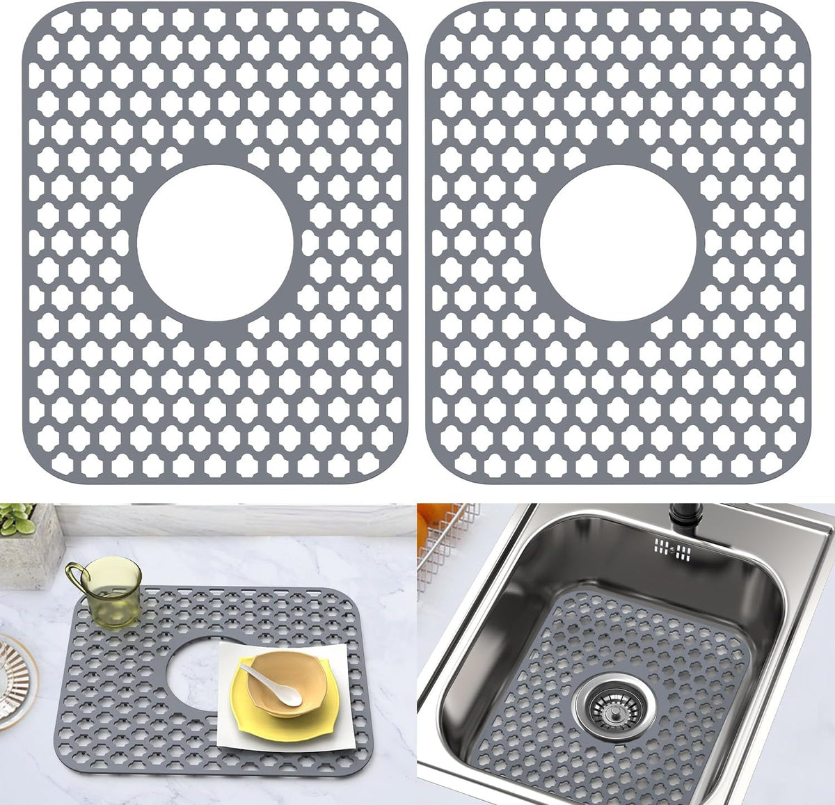 Silicone Sink Protector Kitchen Sink Mat 2 Pack 13.58"x 11.6" Gray