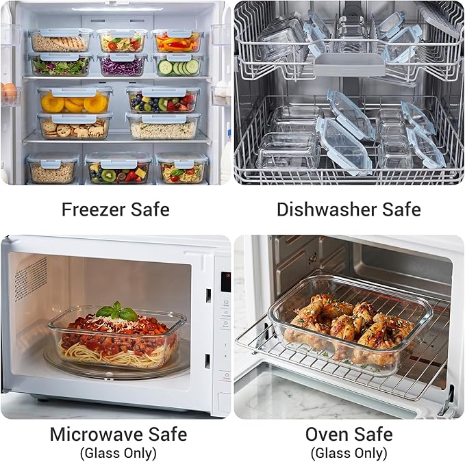 Dealusy 10 Sets (20-Piece) Glass Meal Prep Containers with Lids, Five 36 oz & Five 12 oz Airtight Leak-proof Glass Food Storage Containers with lids, Microwave Oven Freezer Dishwasher Safe, Blue