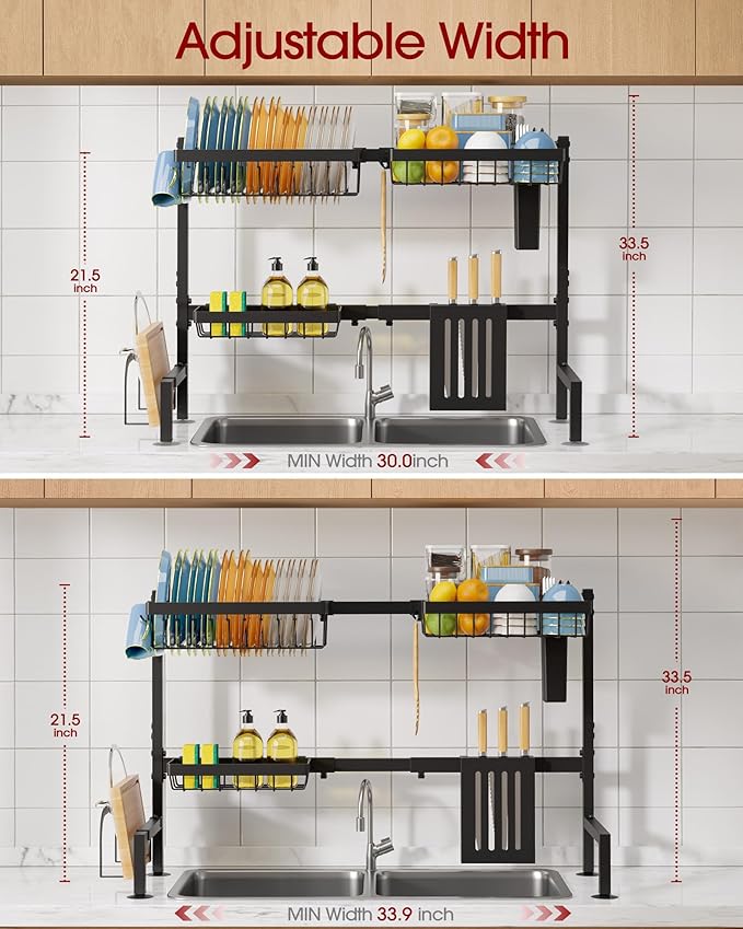 Sakugi Dish Drying Rack - Over the Sink Dish Drainer Drying Rack with Utensil & Knife Holder, Hooks, Stainless Steel Kitchen Organizers and Storage Solution, 11" D x 30.5"~34''W x 21.5" H, Black