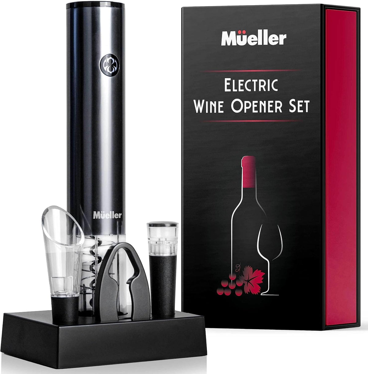 Mueller Electric Wine Opener Set - Rechargeable Batteries and USB Charging Cable - Electric Corkscrew Opener with Foil Cutter, Wine Pourer, Vacuum Stopper (Batteries Included), Valentines Day Gift