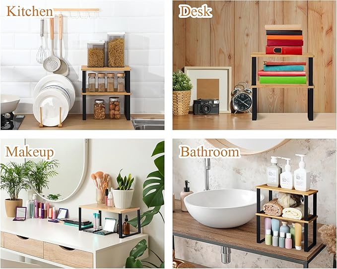 Marsui 4 Pcs Kitchen Organizer Accessories Set Cabinet Organizer Shelf and Bamboo Dish Drying Plate Rack Counter Shelves Storage Holder for Spice Rack, Dish, Pot Lid, Bowl, Cup(Light Color)
