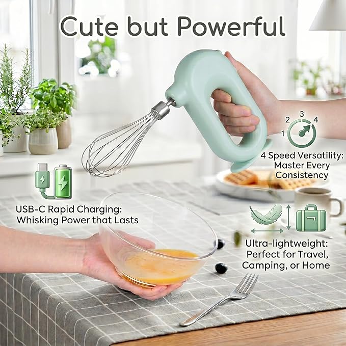 Colorful Mini Cordless Hand Mixer, Self-Standing USB Rechargeable Handheld Egg Beater with 4 Speeds & 2 Whisks, Lightweight Portable Electric Whisk for Kitchen Baking and Cooking(White)