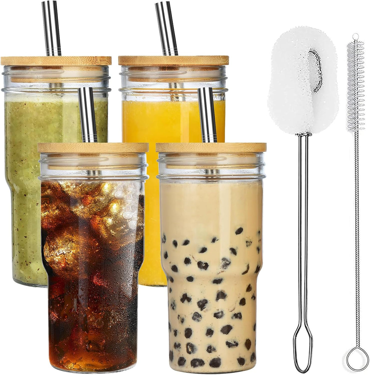 4-Pack Glass Cups with Bamboo Lids and Straws, 22oz Mason Jar Glass Tumbler, Reusable Boba Cups, Iced Coffee Drinking Glasses for Bubble Tea, Smoothies, Juice - 2 Cleaning Brush