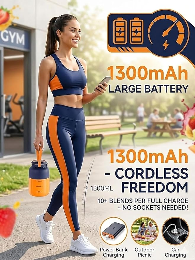 Wireless Juicer Cup, 2026 New 1300ml Portable Electric Juicer Cup, USB Rechargeable Electric Juicers Cups with Dual Lid, Portable Blender for Shakes & Smoothies with Zero Cord Hassle (B-800ml)