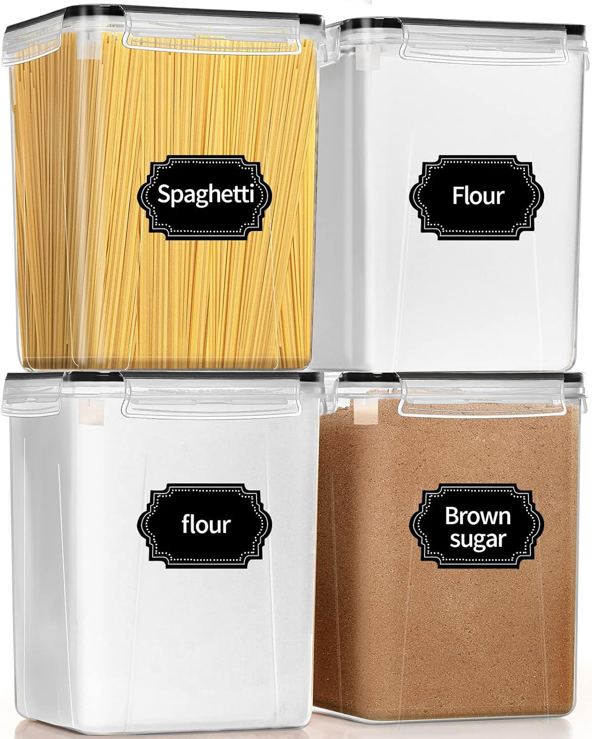 Large Airtight Food Storage Containers 5.2L / 195oz, 4pcs Pantry Kitchen Organizers and Storage for Flour, Sugar, Baking Supplies, BPA Free, Plastic Flour Containers with 20 Labels & Maker