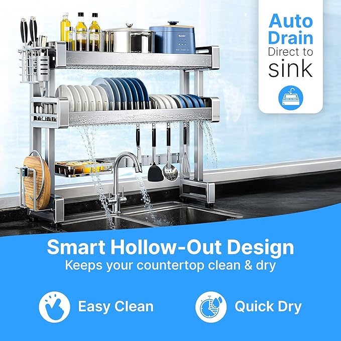 ANUMITRA Over Sink Dish Drying Rack – Stainless Steel 3-Tier 33.5 in Dish Drainer Rack, Space-Saving Kitchen Sink Organizer with Plate & Bowl Holders, Cutting Board Rack, Utensil Cup, Adjustable Feet