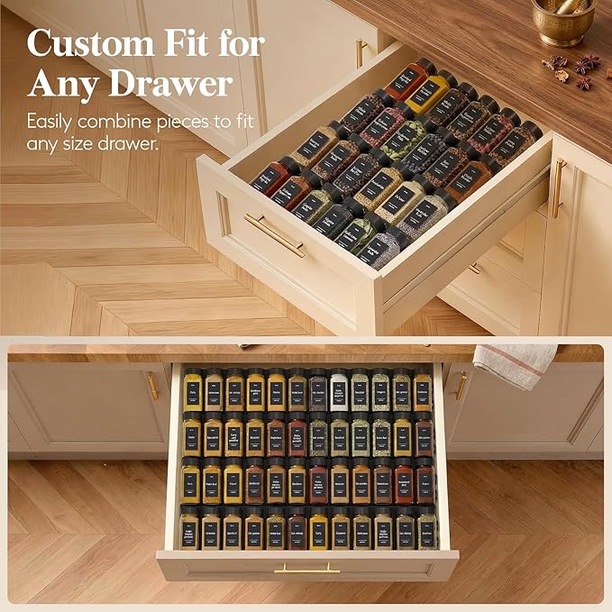 Lifewit Spice Drawer Organizer, 36PCS Interlocking Spice Rack for Drawer, Adjustable Seasoning Drawer Organizer with Non-Slip Pads, Spice Organization & Seasoning Storage for Kitchen Cabinet, Black