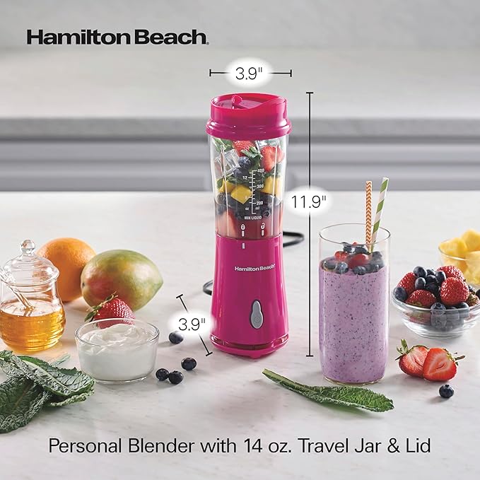 Hamilton Beach Portable Blender for Shakes and Smoothies, 14 Oz BPA Free Travel Cup & Lid, Durable Stainless Steel Blades, Personal Smoothie Blender, Raspberry, 51131G (Pack of 4)