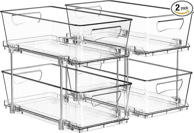 Simple Houseware 2 Tier Basket Drawer Cabinet Pull-Out Organizer, 2 Pack, Clear