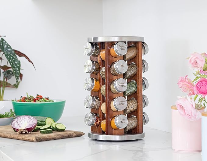 20 Jar Rotating Dark Acacia Wood Spice Rack with Spices Included & 5-Year Spice