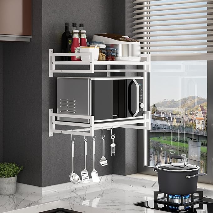 ABCOOL Wall Mount Microwave Oven Shelf Rack, White Carbon Steel Counter Countertop Holder with Hook Rail and 3 Slidable Hooks for Kitchen Home