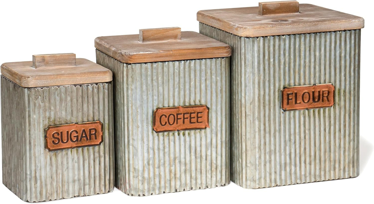 Set of 3 Pre-Labeled Sugar, Coffee & Flour Distressed Metal Storage Canister Jars with Wooden Lids