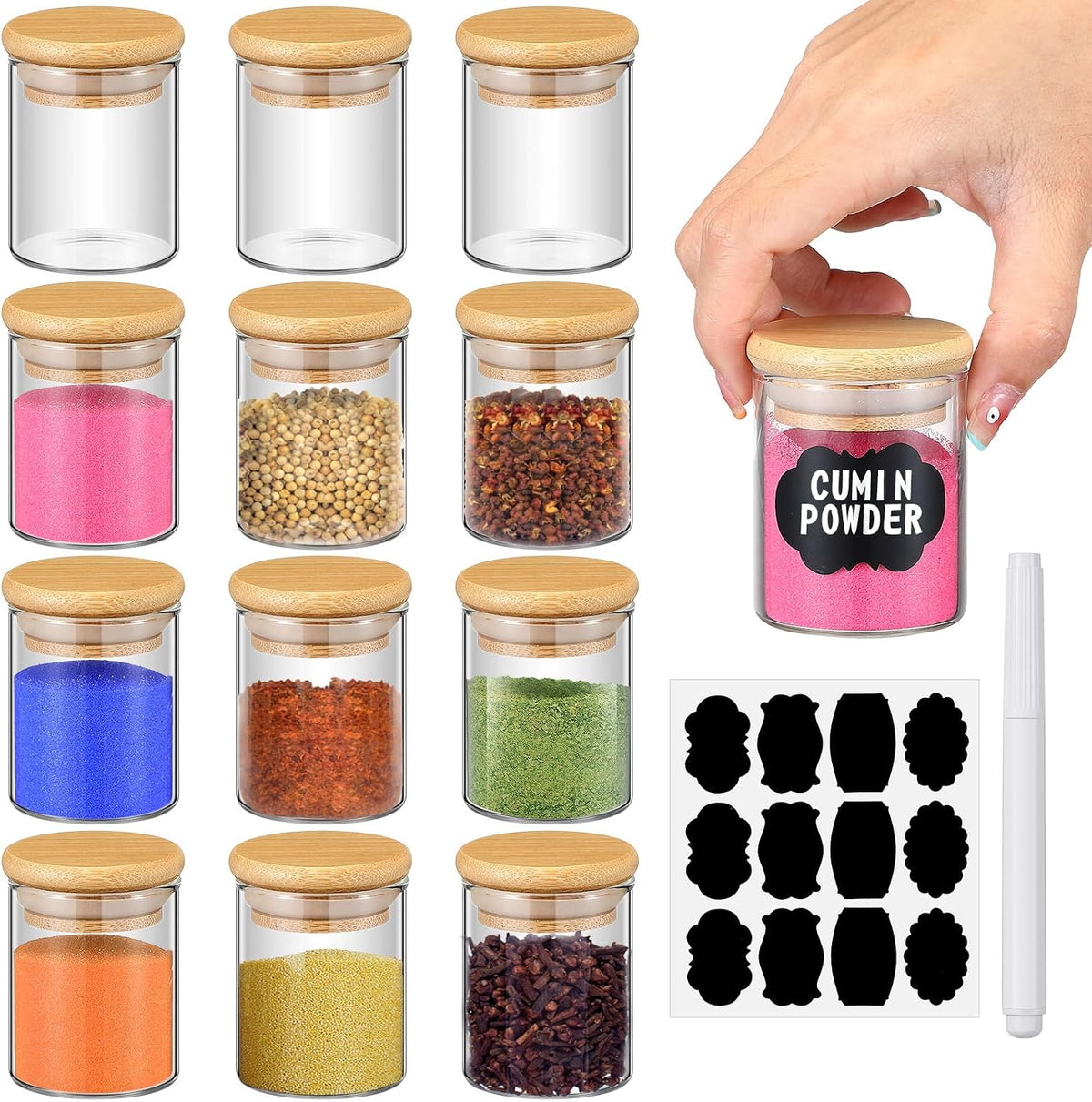 12 Pcs Glass Spice Jars with Bamboo Airtight Lids, 2.5 oz
