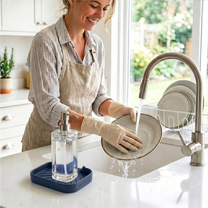 MicoYang Silicone Soap Dish with Drain Spout, Self-Draining Sink Organizer Tray for Bathroom and Kitchen, Sponges, Dispensers & Soap Holder, Non-Slip & Dishwasher Safe, Navy Blue (Compact, 4.9"×3.2")