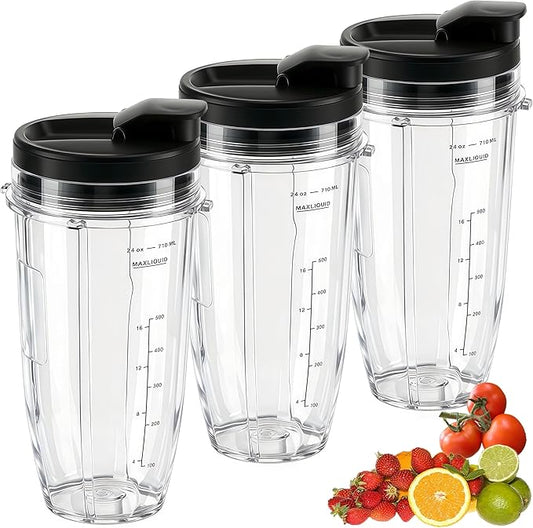 Replacement 24oz Blender Cup with Sip & Seal Lid For Nutri Ninja BL450 BL456 BL480 BL482 BL640 BL642 BL682 BN401 BN751 BN801 Foodi SS101 SS151 SS351 SS401 Ninja Blender Auto IQ Blade, 3-Pack
