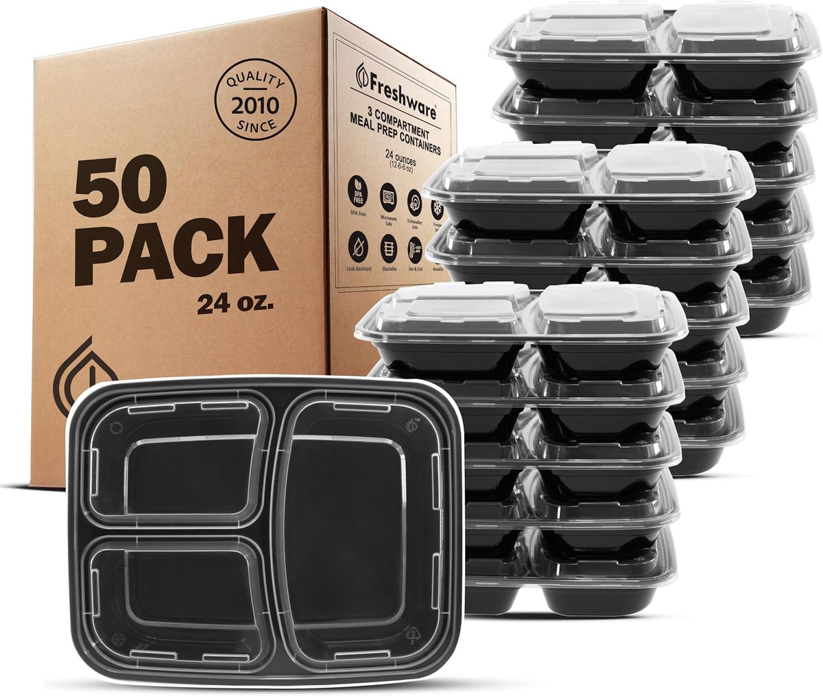 Meal Prep Containers with Lids 24 oz [50 Pack] 3 Compartment