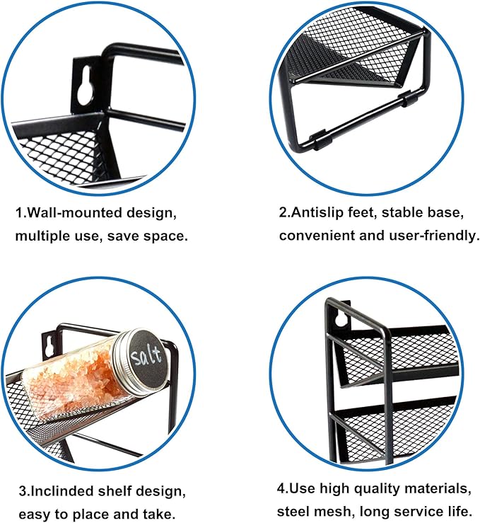 3 Tier Spice Rack Organizer with 48pcs Labels and Chalk Marker, Seasoning Organizer Shelf for Countertop, Kitchen Cabinet or Wall Mount, Black (Spice Jars are NOT Included)