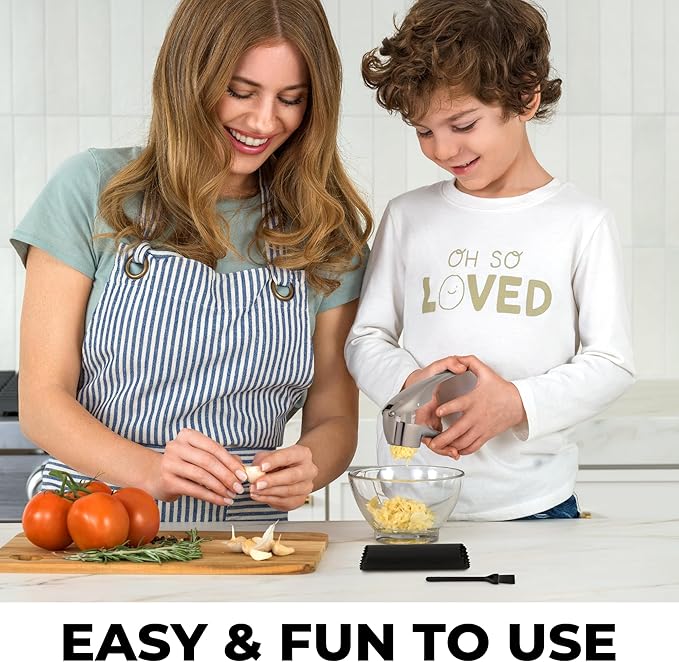 Zulay Kitchen Premium Garlic Press Set – Rust Proof & Dishwasher Safe Garlic Mincer Tool with Silicone Garlic Peeler & Brush, Easy Squeeze & Clean, Ergonomic Soft Grip Handle - Medium – Silver