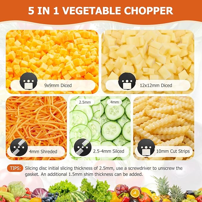 5-In-1 Electric Vegetable Chopper, Commercial Vegetable Slicer Food Processor Veggie Food Dicer with Slicing Shredding Striping for Onion Potato Cabbage Fruit Cutter Home Use