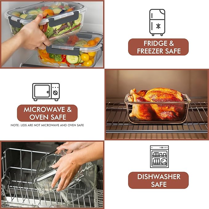 Razab 2 Pcs 1860ml / 63 Oz Large Glass Food Storage Containers with Lids - Glass Meal Prep Containers with Locking Lids for Roasting, Storing Leftover, Lunch Container, BPA Free, Microwave & Oven Safe