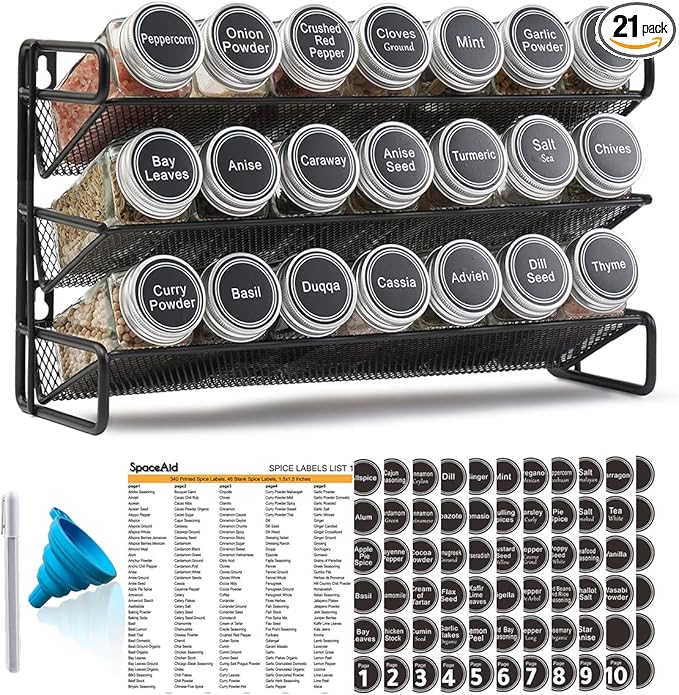 SpaceAid Spice Rack Organizer with 21 Spice Jars, 386 Spice Labels, Chalk Marker and Funnel Set for Cabinet, Countertop, Pantry, Cupboard or Door & Wall Mount - 21 Jars, 13.4" W × 9" H, Black