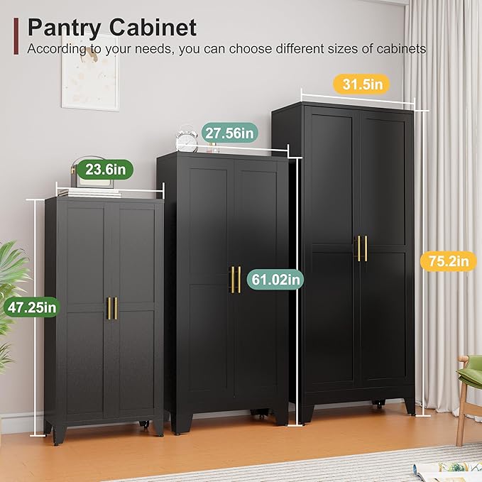 winiowa Metal Pantry Cabinet with 2 Doors and Adjustable Shelves, Kitchen Storage cabinets with Gold Handles, Versatile Storage for Laundry Room,Living Room,Bathroom,Dinning Room-Black