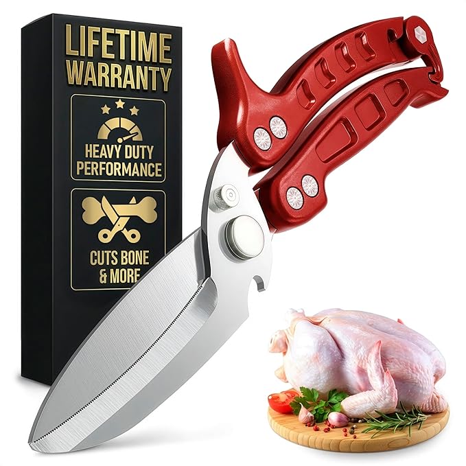 Heavy Duty Poultry Shears – Kitchen Shears Dishwasher Safe, Spring-Loaded, 3Cr14 Steel, Micro-Serrated, Separates for Easy Cleaning | Bone Scissors for Chicken, Turkey, Seafood & Fish Scale (Red)