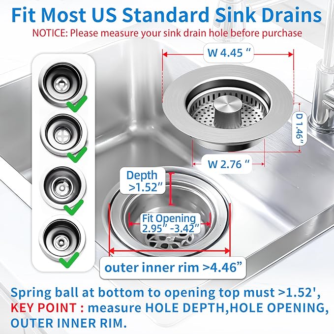 Sink Drain Strainer - Sink Stopper for Kitchen Drain,3 in 1 Kitchen Sink Drain Strainer with Anti Clogging Basket, Easy to Install Kitchen Sink Stopper for US Standard 3-1/2” Drain Hole