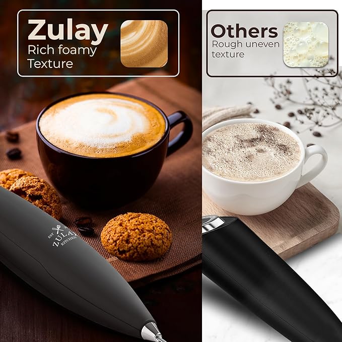 Zulay Kitchen Powerful Milk Frother Wand With Duracell Batteries - Ultra Fast Handheld Drink Mixer - Electric Whisk Foam Maker for Coffee, Lattes, Cappuccino & Matcha - Triple Whisk - Onyx Slate