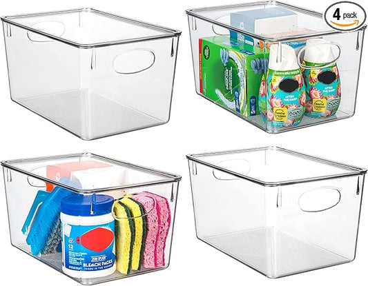 Plastic Storage Bins With lids, Perfect Kitchen Fridge Organizer, 4 Pack