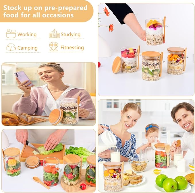 Overnight Oats Containers with Lids and Spoon [Thickened Version], Glass Jars with Bamboo Lids, 4 Pack 18 ozOatmeal and Salad Meal Prep Containers,Chia Seed Pudding Jars