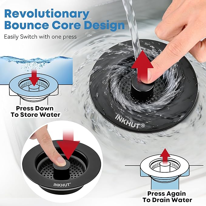 Upgraded 3 in 1 Kitchen Sink Drain Strainer - Stainless Steel Sink Stopper, Anti-Clogging Food Catcher Basket, Sink Bounce Core Drain Strainer Plug for US Standard 3 1/2 inch Drain (Black)