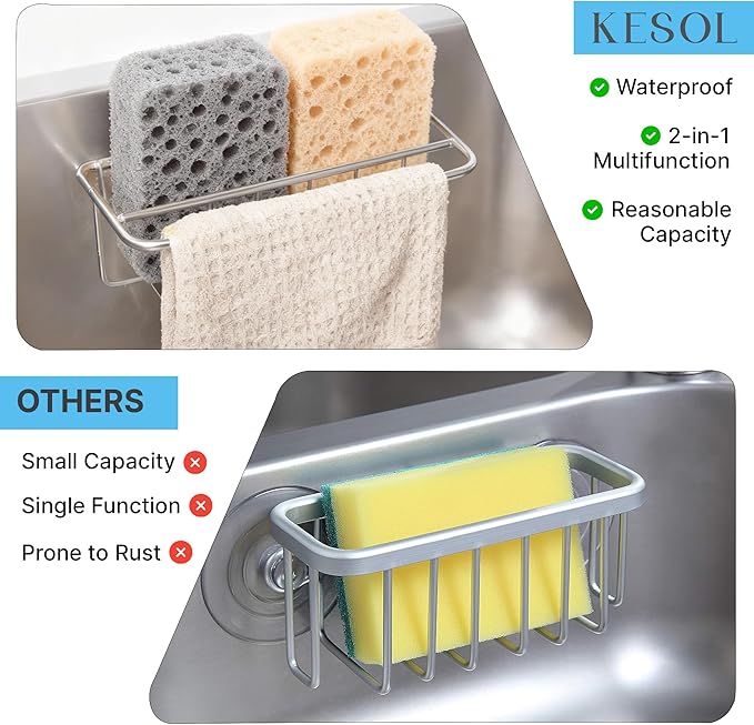 KESOL Adhesive Kitchen Sink Sponge Holder + Dish Cloth Hanger + Soap Holder, 2-in-1 Kitchen Sink Caddy, 304 Stainless Steel Rust Proof, Water Proof, No Drilling (Silver)