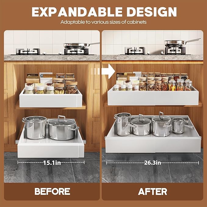 Seinloes 2 Pack Expandable (15.1"-26.3") Pull Out Cabinet Organizer 21" Deep With Raising Pad for Framed Cabinets,Upgrade 3 Slide Rails Slide Out Drawers,No Drill Roll Out Shelves Adhesive,White