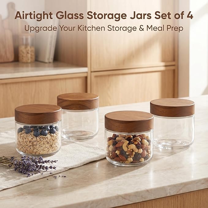 Danmu 8 oz Overnight Oats Containers with Lids,Salad Jar,Glass Jar with Wooden Lid 6 Pack,Mason Jars 8 oz with Lids for Snack,Overnight Oats,Meal Prep,Yogurt,Parfait,Soup,Salad 100% Leak-proof