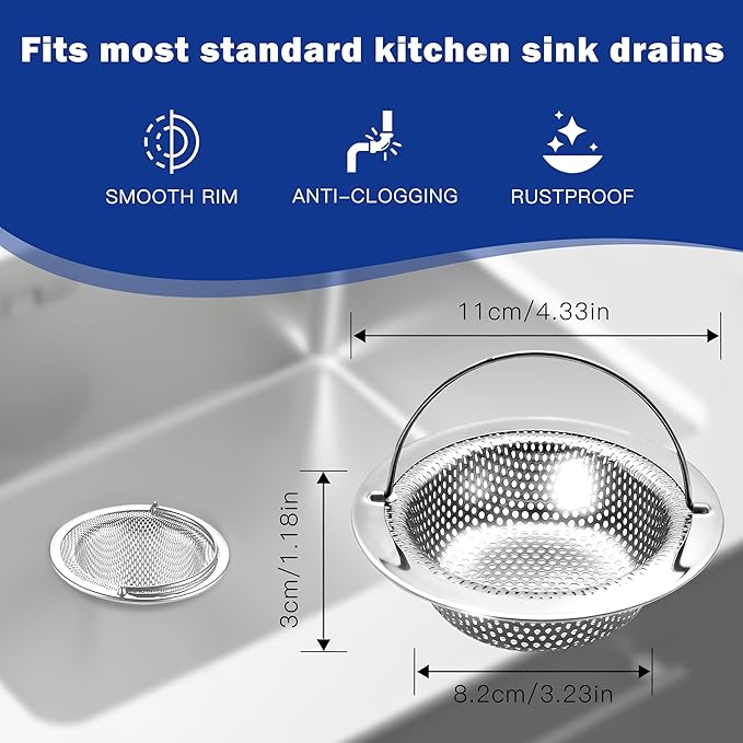 2 Pack Kitchen Sink Drain Strainer with Handle, Universal Stainless Steel Food Catcher Basket, Rust Free, Fits Most Kitchen Sinks