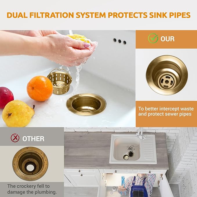 BOTEMY Kitchen Sink Drain Assembly with Removable Deep Basket Strainer, Anti-Clog Sink Drain Kit, Stainless Steel & ABS, Easy Clean Lift-Out Strainer, Fits Standard 3-1/2 Kitchen Sinks - Gold