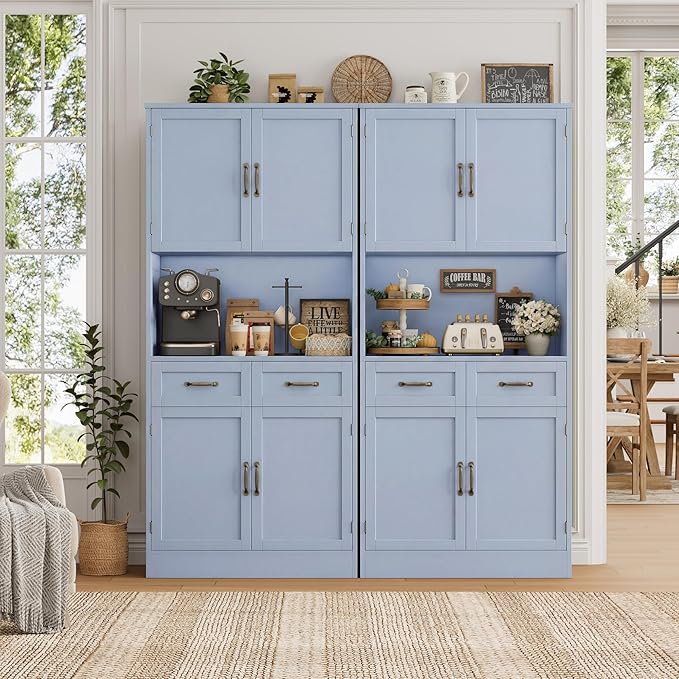 HOSTACK 71" Tall Kitchen Pantry Storage Cabinet, Modern Kitchen Hutch Bar Cabinet with Microwave Stand, Wood Buffet Sideboard with Hutch, Cupboard with Drawers, Shelves for Dining Room, Light Blue