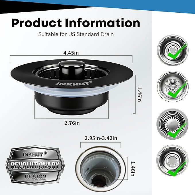 Upgraded 3 in 1 Kitchen Sink Drain Strainer - Stainless Steel Sink Stopper, Anti-Clogging Food Catcher Basket, Sink Bounce Core Drain Strainer Plug for US Standard 3 1/2 inch Drain (Black)